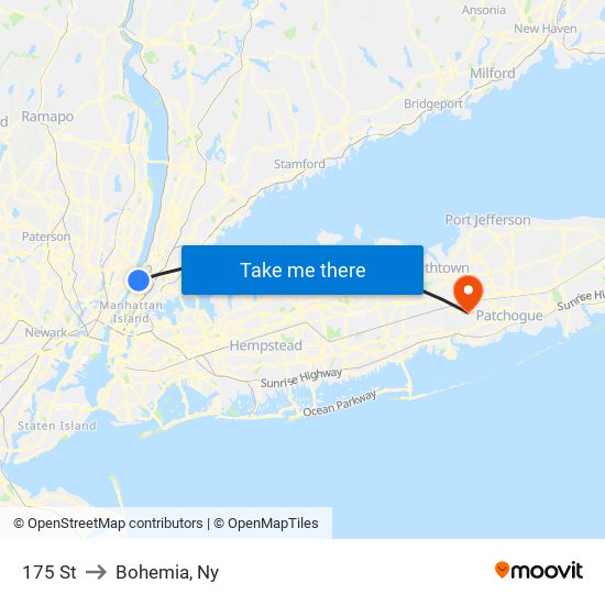 175 St to Bohemia, Ny map