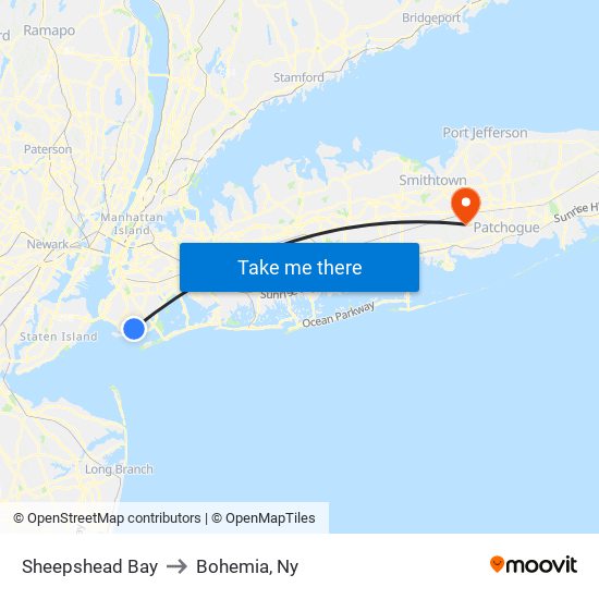 Sheepshead Bay to Bohemia, Ny map