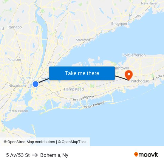 5 Av/53 St to Bohemia, Ny map