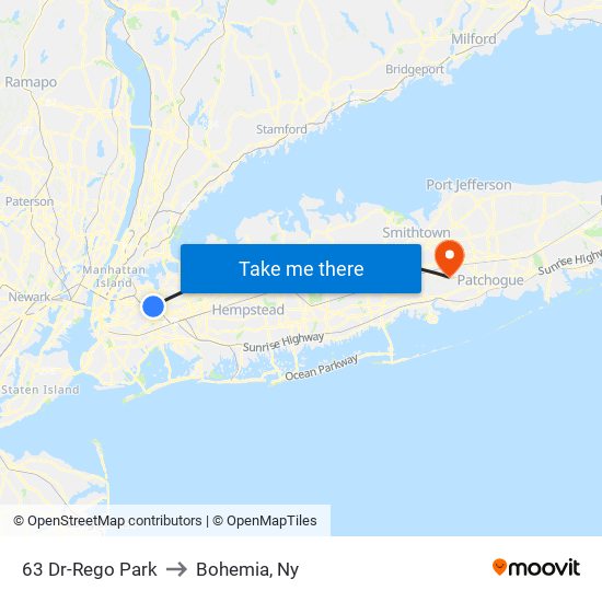 63 Dr-Rego Park to Bohemia, Ny map