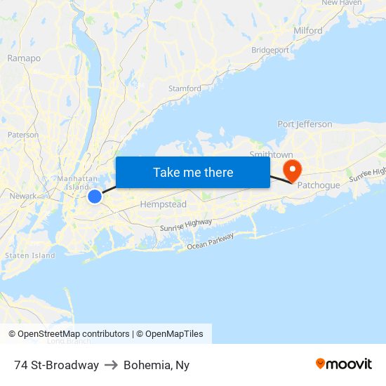 74 St-Broadway to Bohemia, Ny map