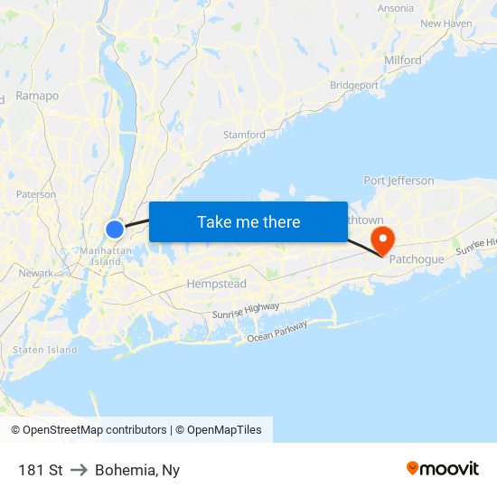 181 St to Bohemia, Ny map