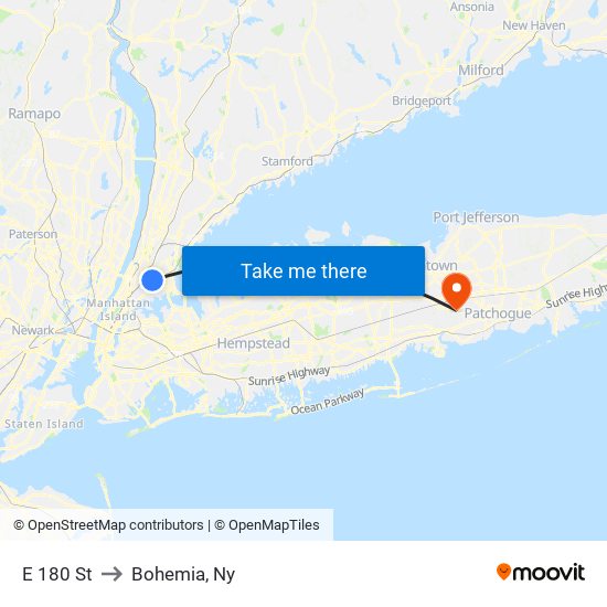 E 180 St to Bohemia, Ny map
