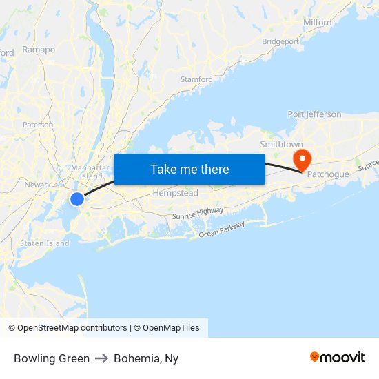 Bowling Green to Bohemia, Ny map