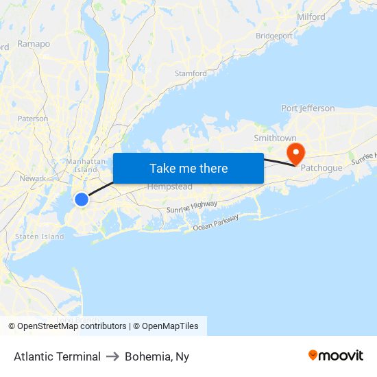 Atlantic Terminal to Bohemia, Ny map