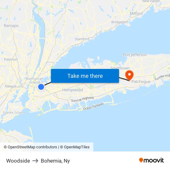 Woodside to Bohemia, Ny map