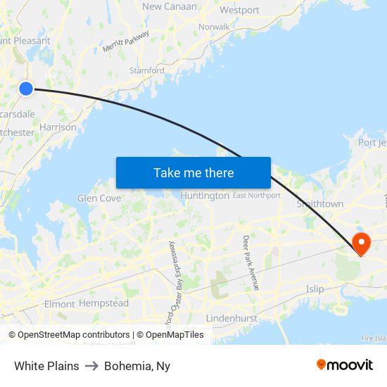 White Plains to Bohemia, Ny map