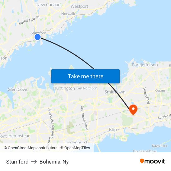 Stamford to Bohemia, Ny map