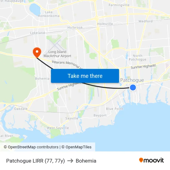 Patchogue LIRR (77, 77y) to Bohemia map