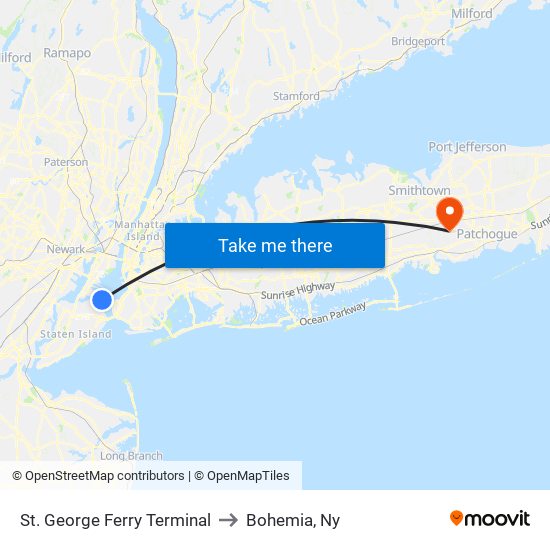 St. George Ferry Terminal to Bohemia, Ny map