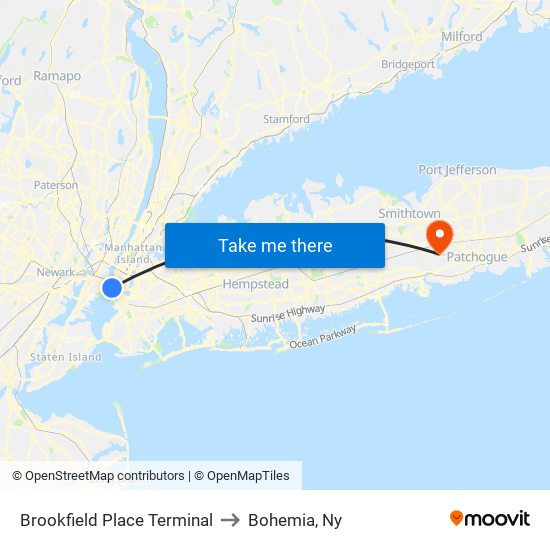 Brookfield Place Terminal to Bohemia, Ny map