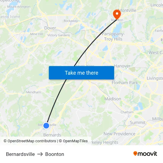 Bernardsville to Boonton map