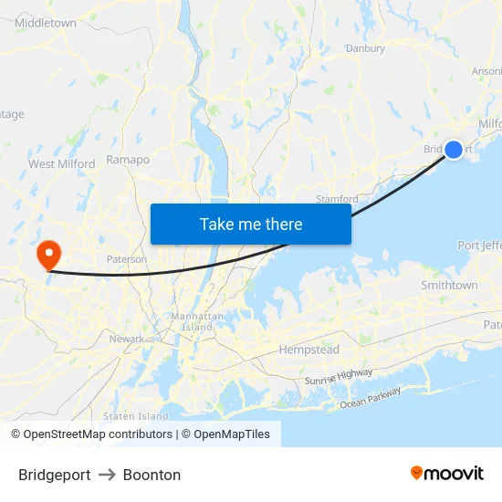 Bridgeport to Boonton map