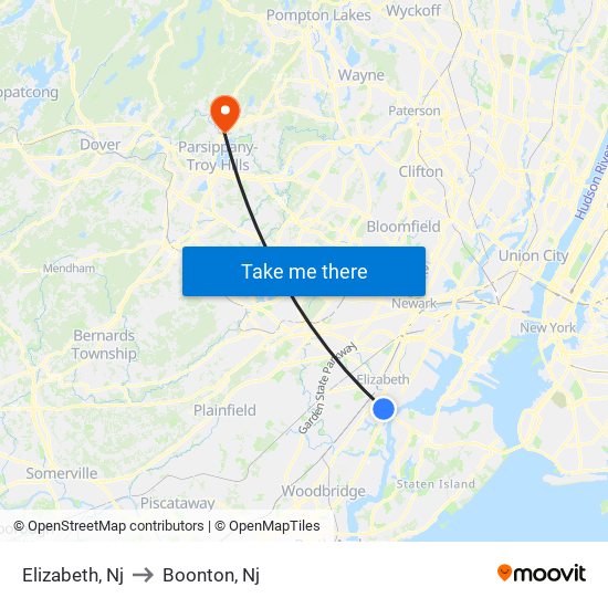 Elizabeth, Nj to Boonton, Nj map