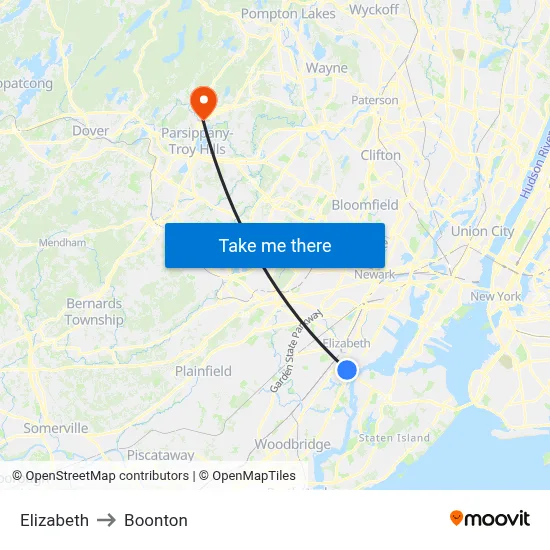 Elizabeth to Boonton map