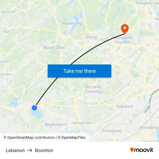 Lebanon to Boonton map