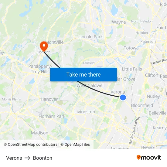 Verona to Boonton map
