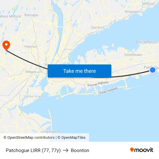 Patchogue LIRR (77, 77y) to Boonton map