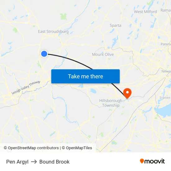 Pen Argyl to Bound Brook map