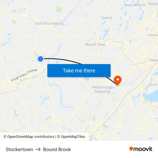 Stockertown to Bound Brook map