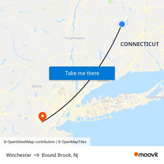 Winchester to Bound Brook, Nj map