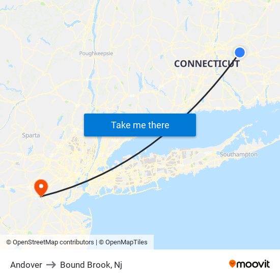 Andover to Bound Brook, Nj map