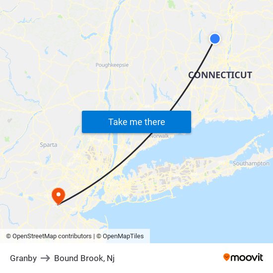 Granby to Bound Brook, Nj map