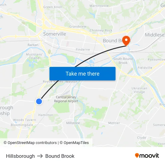 Hillsborough to Bound Brook map