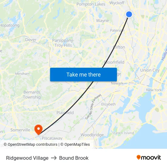 Ridgewood Village to Bound Brook map