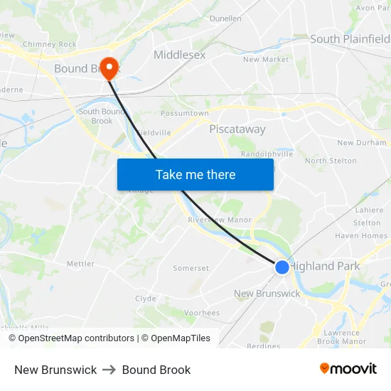 New Brunswick to Bound Brook map
