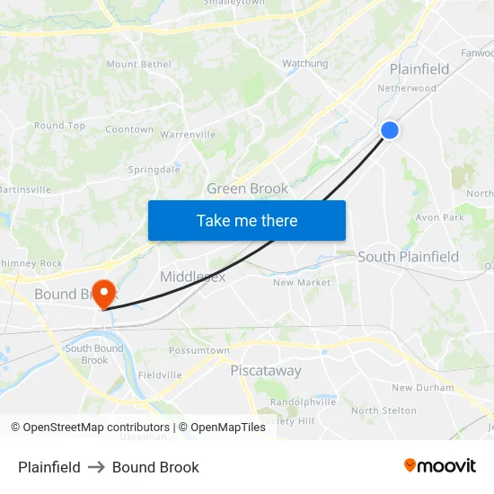 Plainfield to Bound Brook map