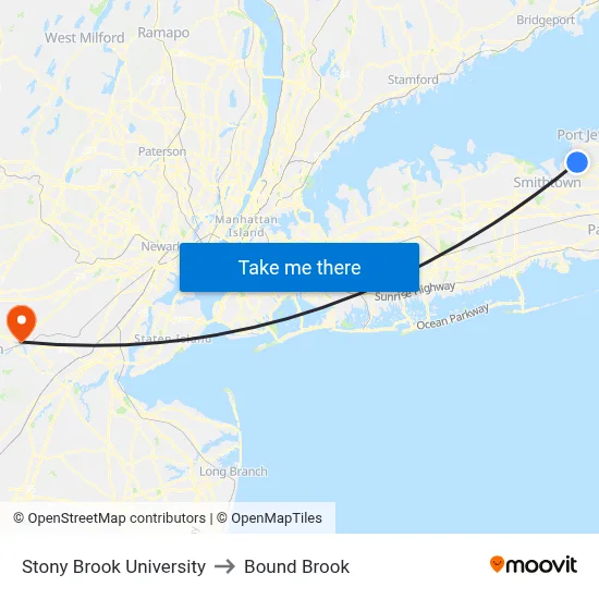 Stony Brook University to Bound Brook map