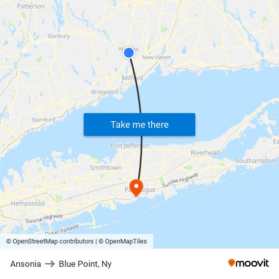 Ansonia to Blue Point, Ny map