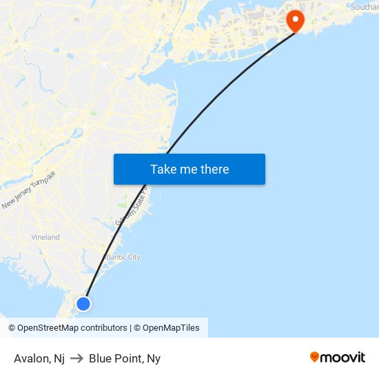 Avalon, Nj to Blue Point, Ny map