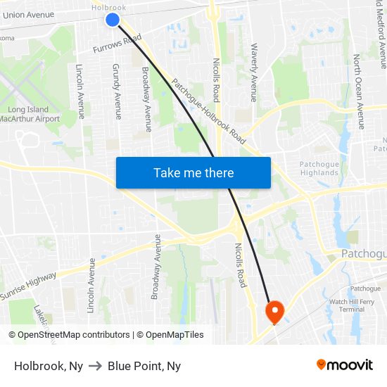 Holbrook, Ny to Blue Point, Ny map
