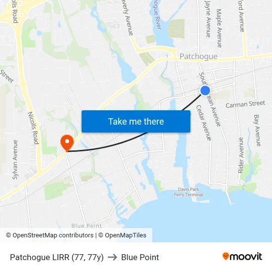 Patchogue LIRR (77, 77y) to Blue Point map