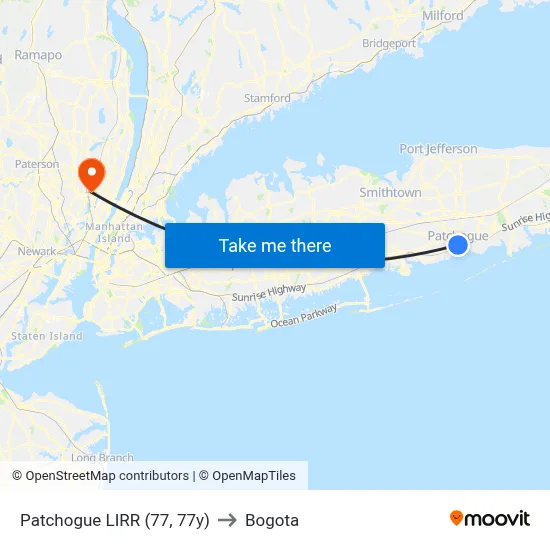 Patchogue LIRR (77, 77y) to Bogota map