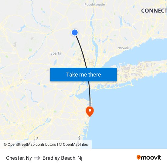 Chester, Ny to Bradley Beach, Nj map