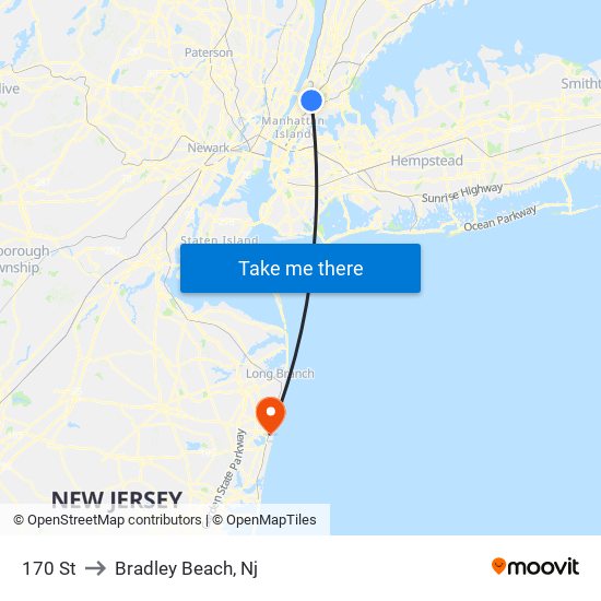 170 St to Bradley Beach, Nj map