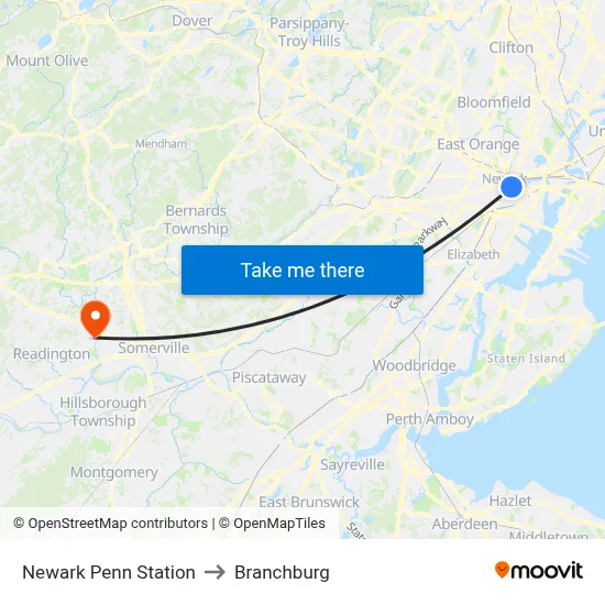 Newark Penn Station to Branchburg map