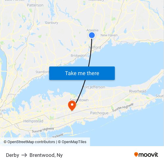 Derby to Brentwood, Ny map