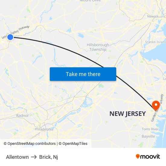 Allentown to Brick, Nj map