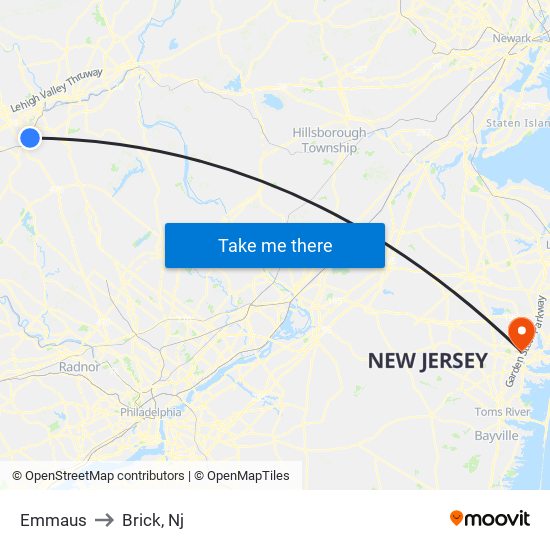 Emmaus to Brick, Nj map