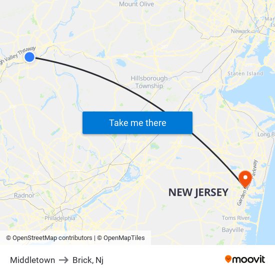 Middletown to Brick, Nj map
