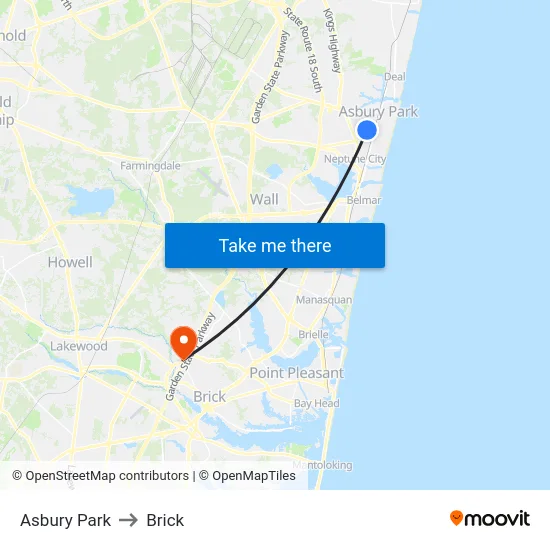 Asbury Park to Brick map