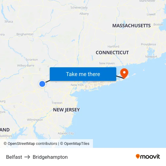 Belfast to Bridgehampton map