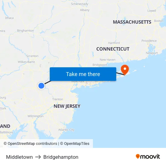 Middletown to Bridgehampton map