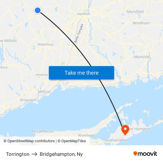 Torrington to Bridgehampton, Ny map