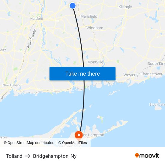 Tolland to Bridgehampton, Ny map