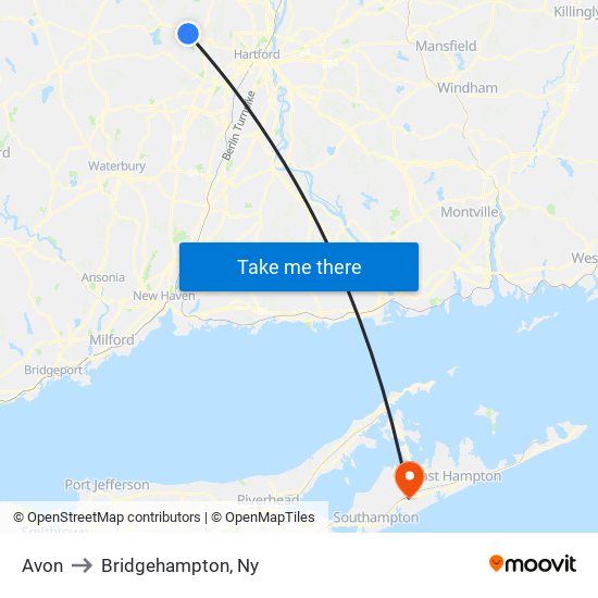 Avon to Bridgehampton, Ny map